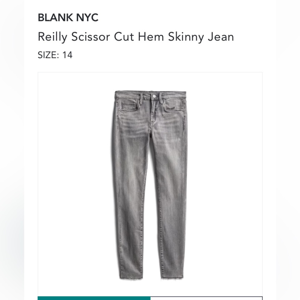 Blank NYC, grey, size 14, scissor cut hem, mid rise skinny